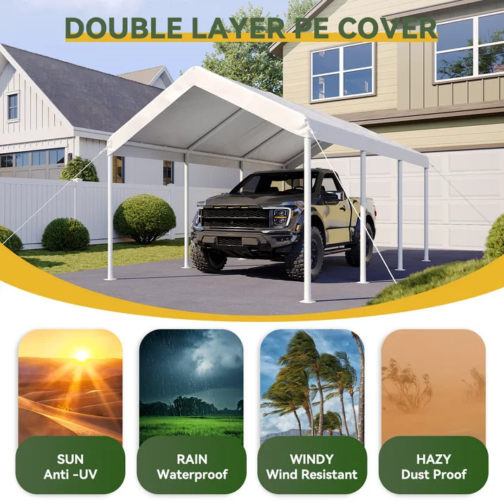 Aoxun 10x20 FT Heavy-Duty Portable Carport, Outdoor Car Canopy Shelter with Waterproof Tarp & Wind Resistant Design, Galvanized Steel Frame for Vehicle, RV, Boat, Truck Cover (White)