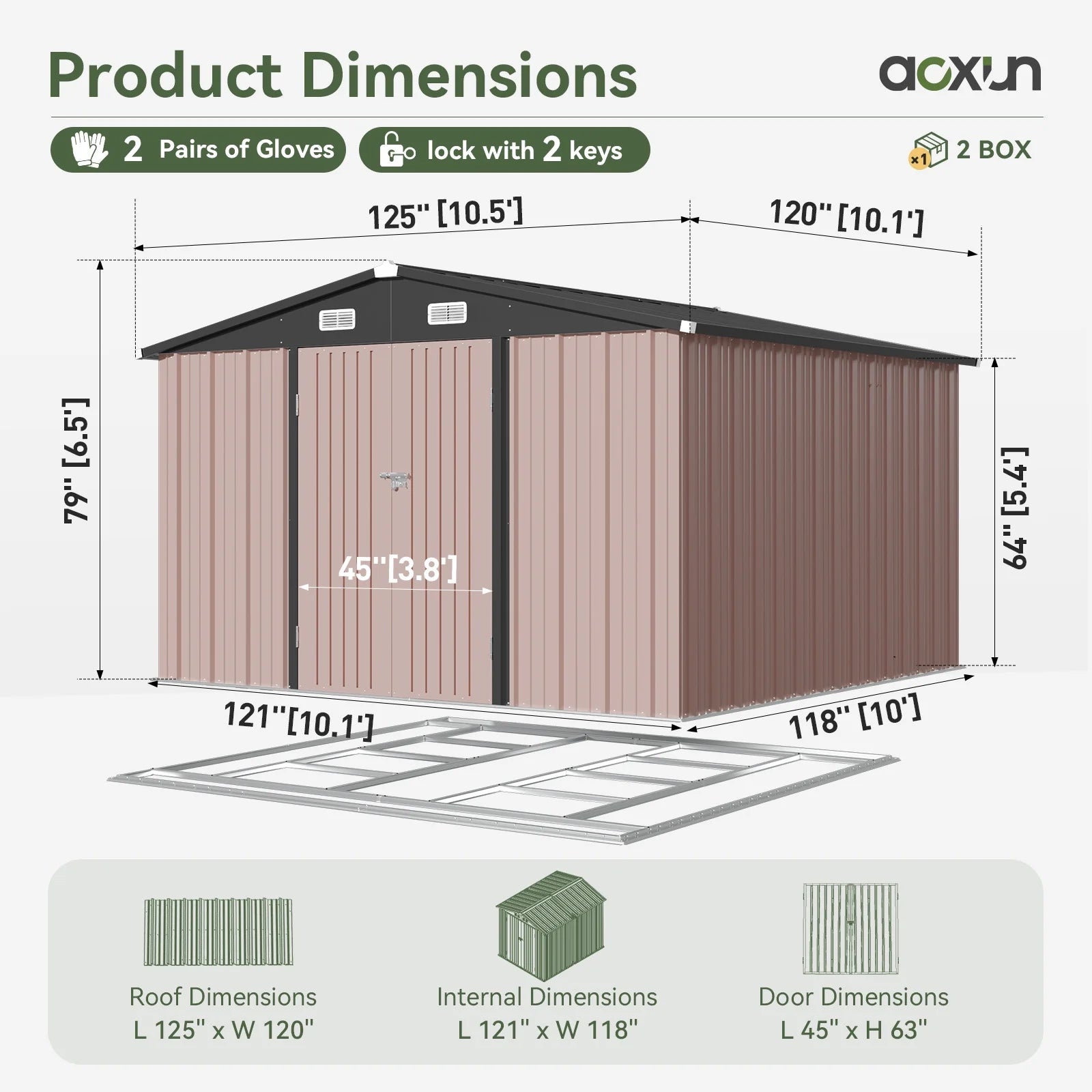 10x10ft Outdoor Storage Shed, Steel Garden Shed, Brown(Floor Included)