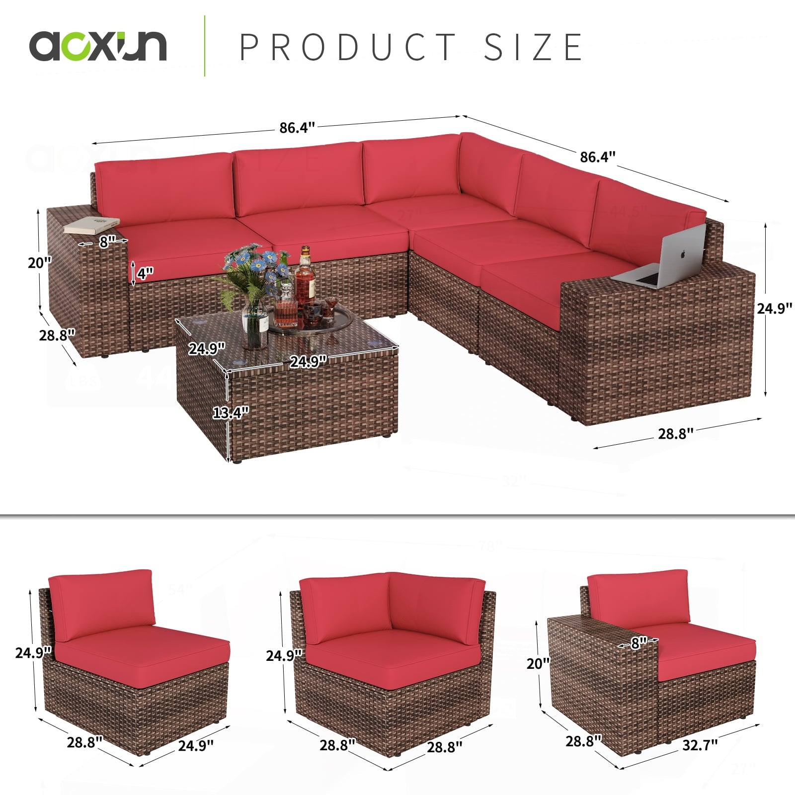 6 Pieces Patio Furniture Sets With Waterproof Cover, Outdoor Sectional Rattan Sofa Set, Outdoor Furniture Set with Coffee Table, Red