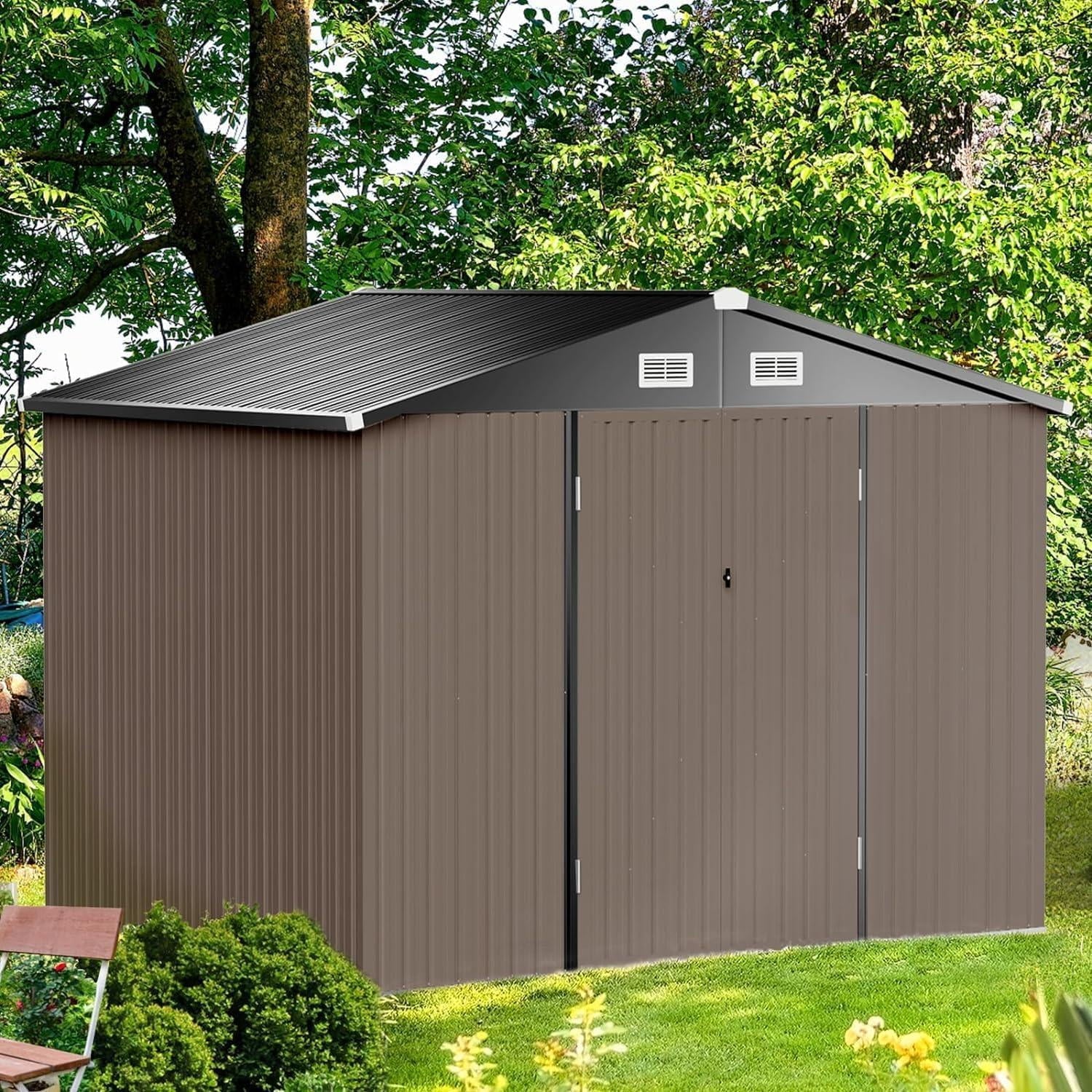 Outdoor Storage Shed, 9.7x7.6 FT, Metal Storage Shed with Door & Lock, Steel Utility Tool Shed for Backyard Garden Patio Lawn, Brown