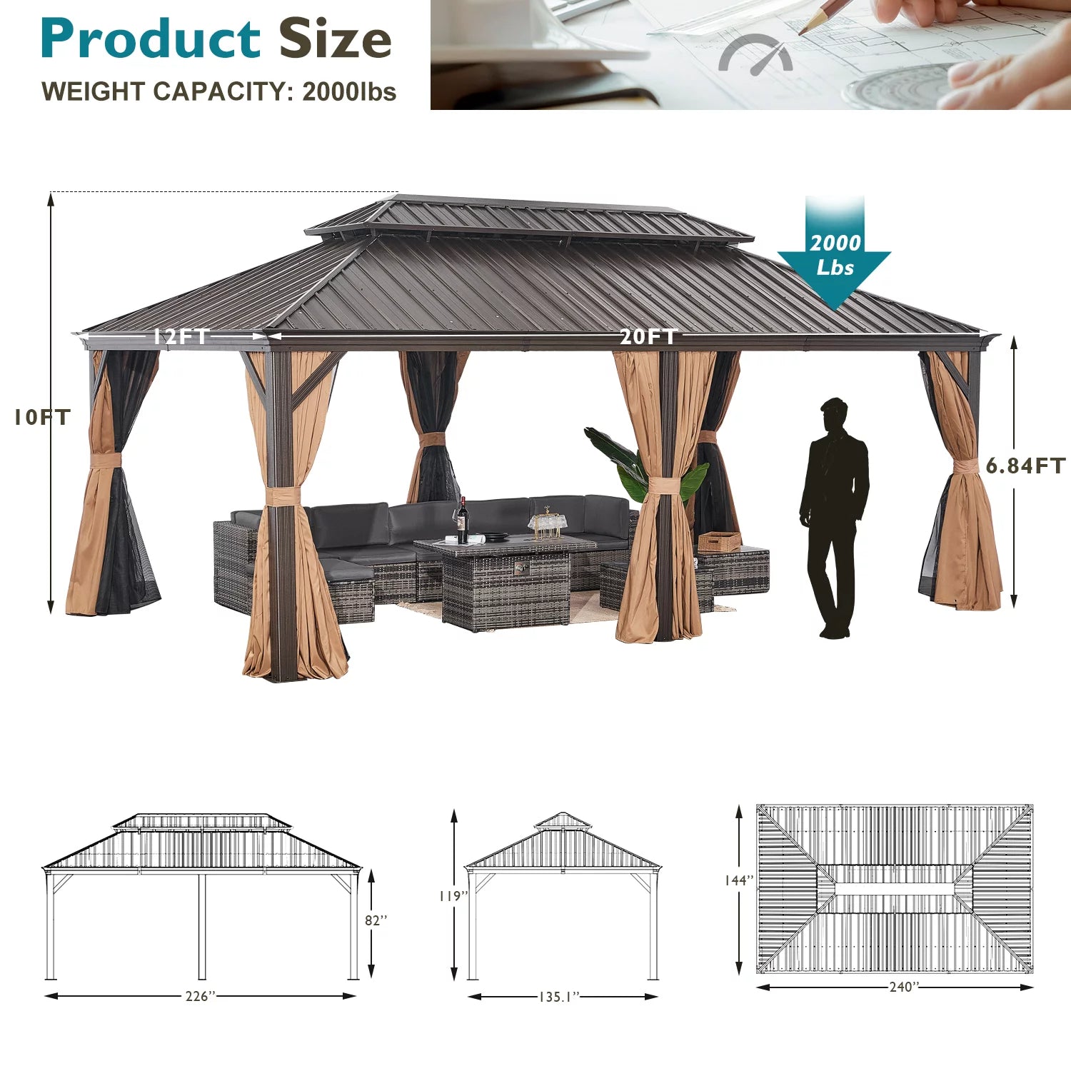 12'x20' Hardtop Gazebo, Outdoor Steel Double Roof Canopy, Aluminum Frame Permanent Pavilion with Curtains and Netting, Sunshade for Garden, Patio, Lawns