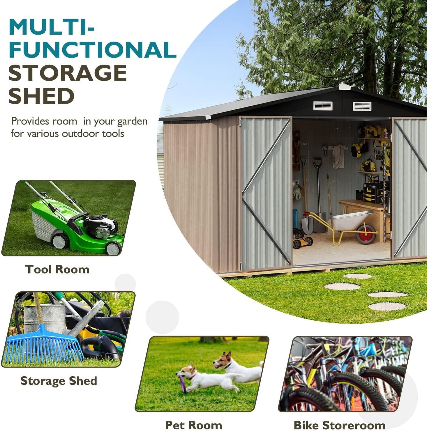 Metal Outdoor Storage Shed 9.7' x 7.6', Outdoor Metal Shed with Base Frame for Tool, Garden, Bike, Brown