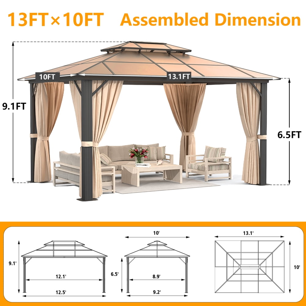 10x13 ft Patio Hardtop Gazebo, Aluminum Furniture Gazebo with Netting and Curtains for Garden, Brown