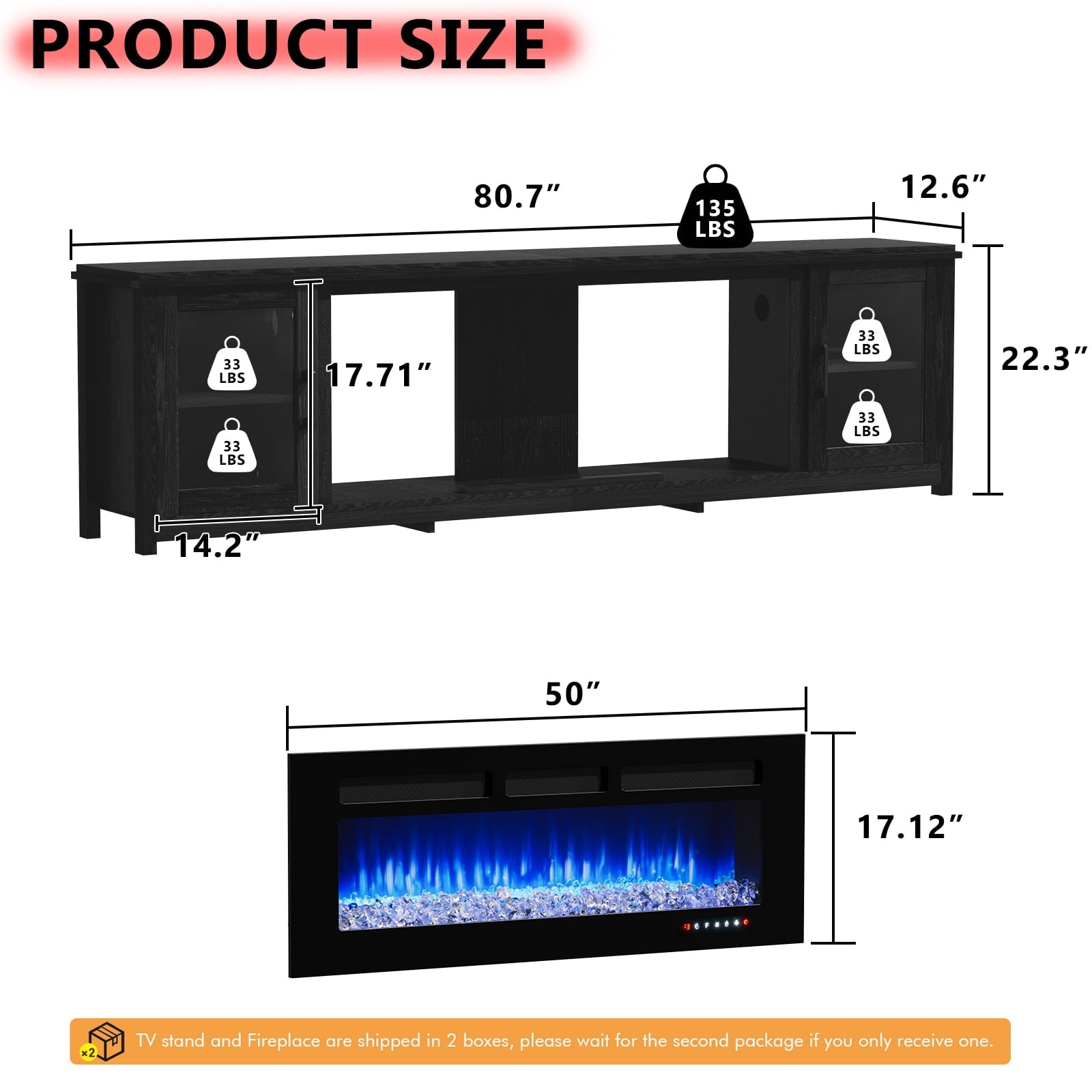 80" Fireplace TV Stand, Entertainment Center with 50" Electric Fireplace, Media Console Table Designed for Living Room, Black