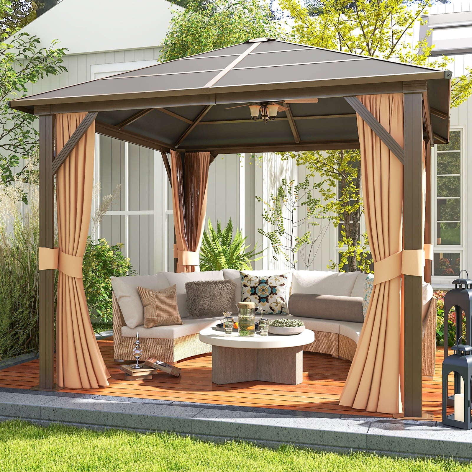 10x10 Outdoor Hardtop Gazebo, Polycarbonate Single Roof Patio Canopy with Curtains and Netting, Brown