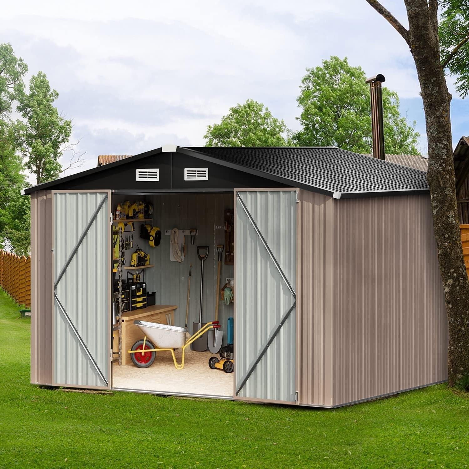 Metal Outdoor Storage Shed 9.7' x 7.6', Outdoor Metal Shed for Tool, Garden, Bike, Brown