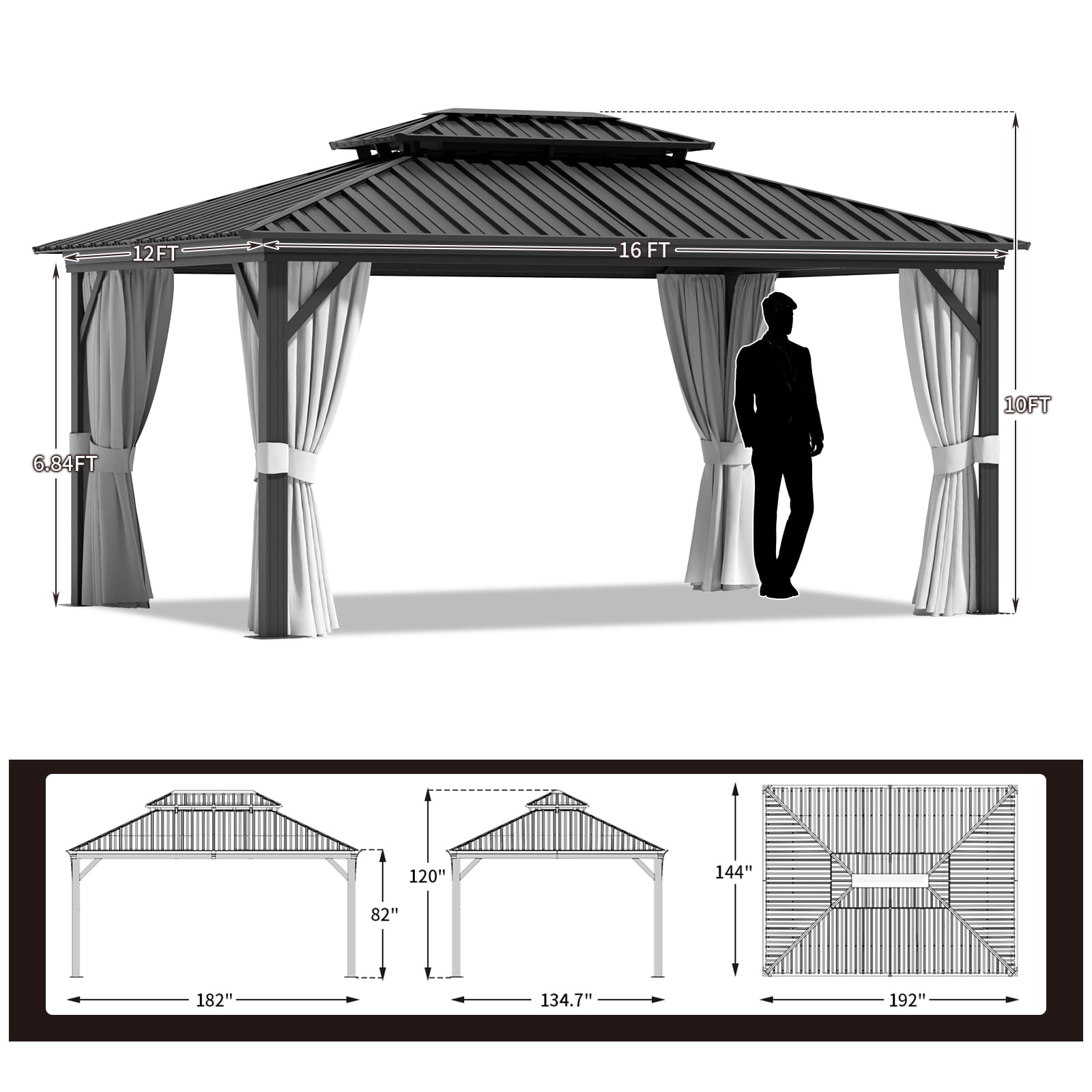 12'x16’Outdoor Hardtop Gazebo, Galvanized Double Roof Aluminum Pavilion with Netting and Curtains for Garden, Patio, Lawns, Gray