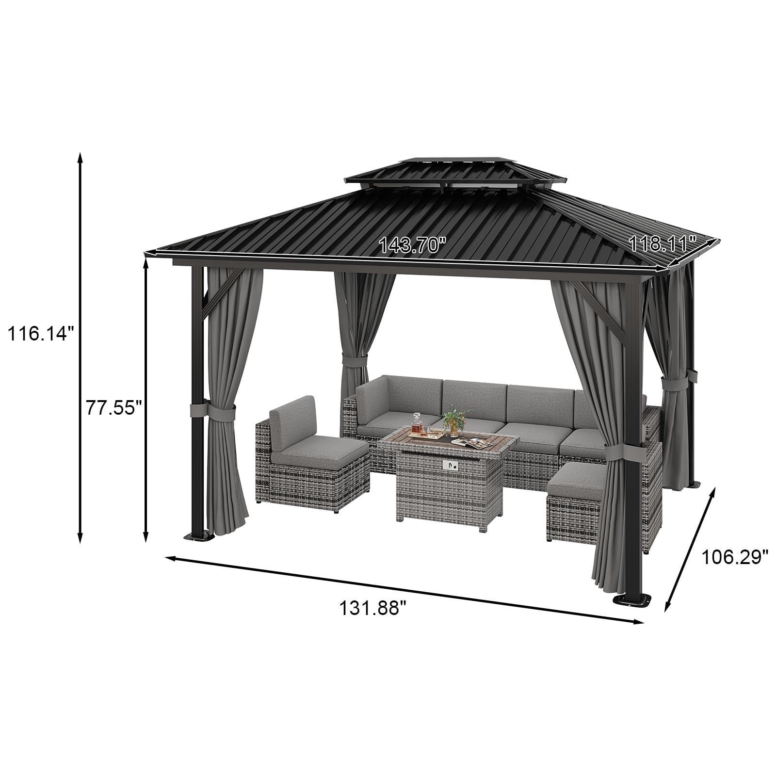 10x12 ft. Hardtop Gazebos, Double Roof Galvanized Steel Outdoor Aluminum Frame Canopy with Netting and Curtains, Grey