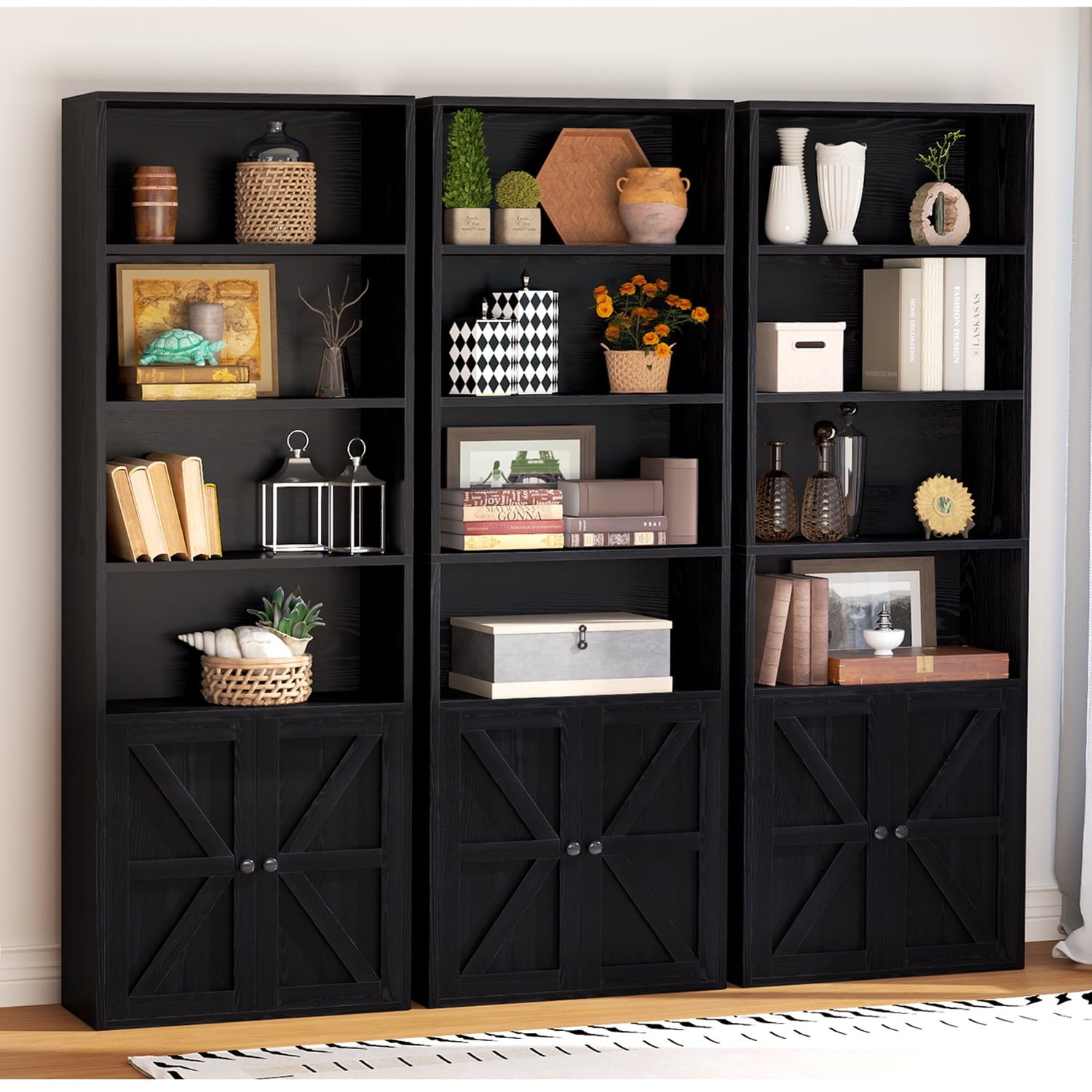 6 Shelf Bookcase with Doors 71in Tall Bookshelf for Home Office, Black