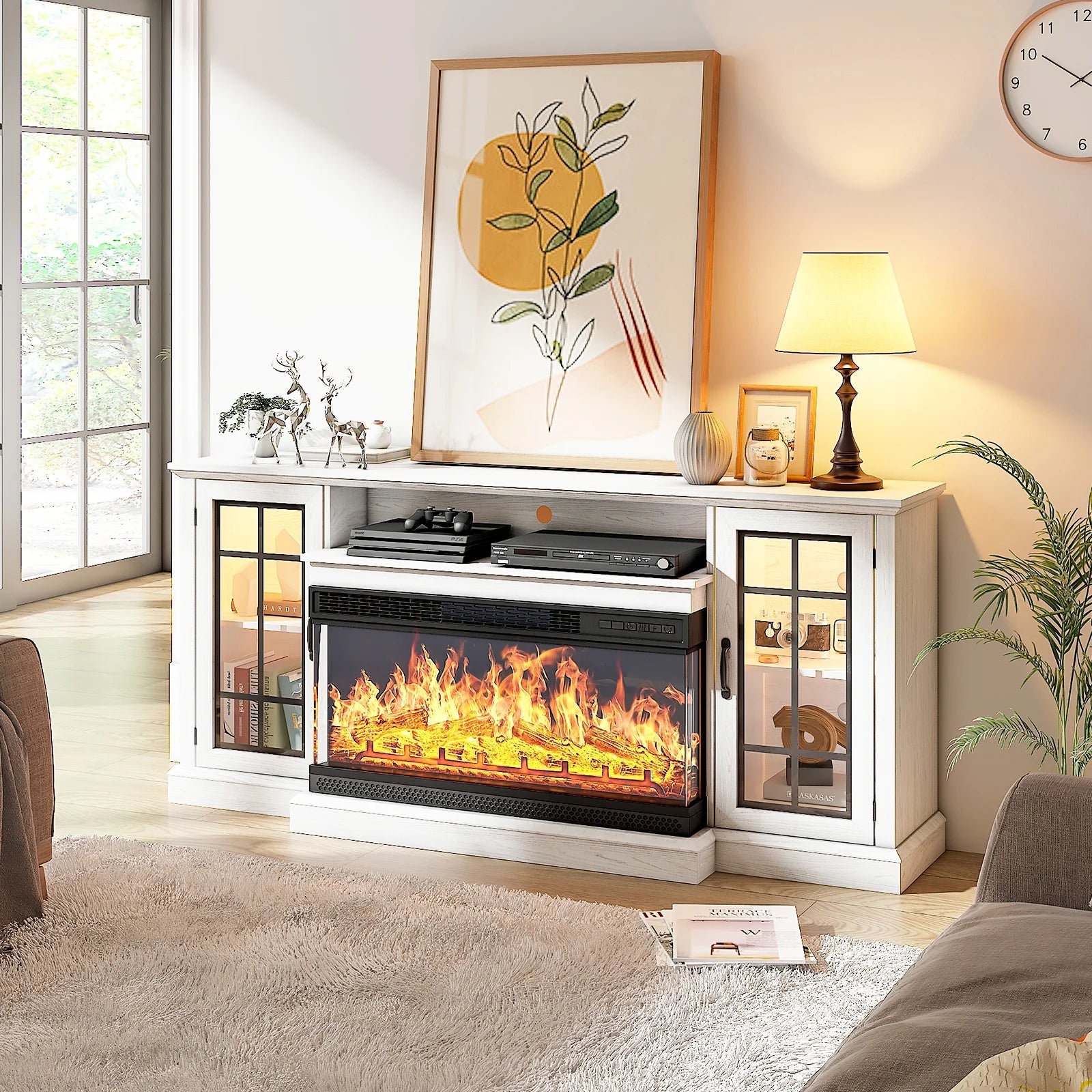 Fireplace TV Stand for TVs up to 80", LED Light Entertainment Center with 3-Sided Glass Fireplace, TV Console, White