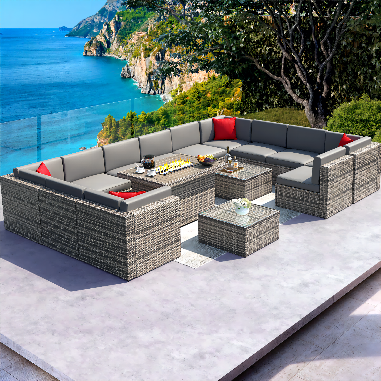 15 Pcs Furniture Sets with Fire Pit Table, Grey, Patio Sectional for Garden, PE Rattan