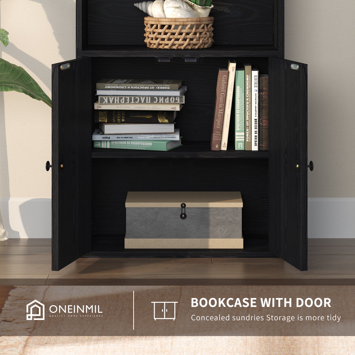 6 Tier Bookcase Set of 2, Bookshelves with Barn Cabinet Doors, Floor Bookshelves for Home Office, Living Room, Black