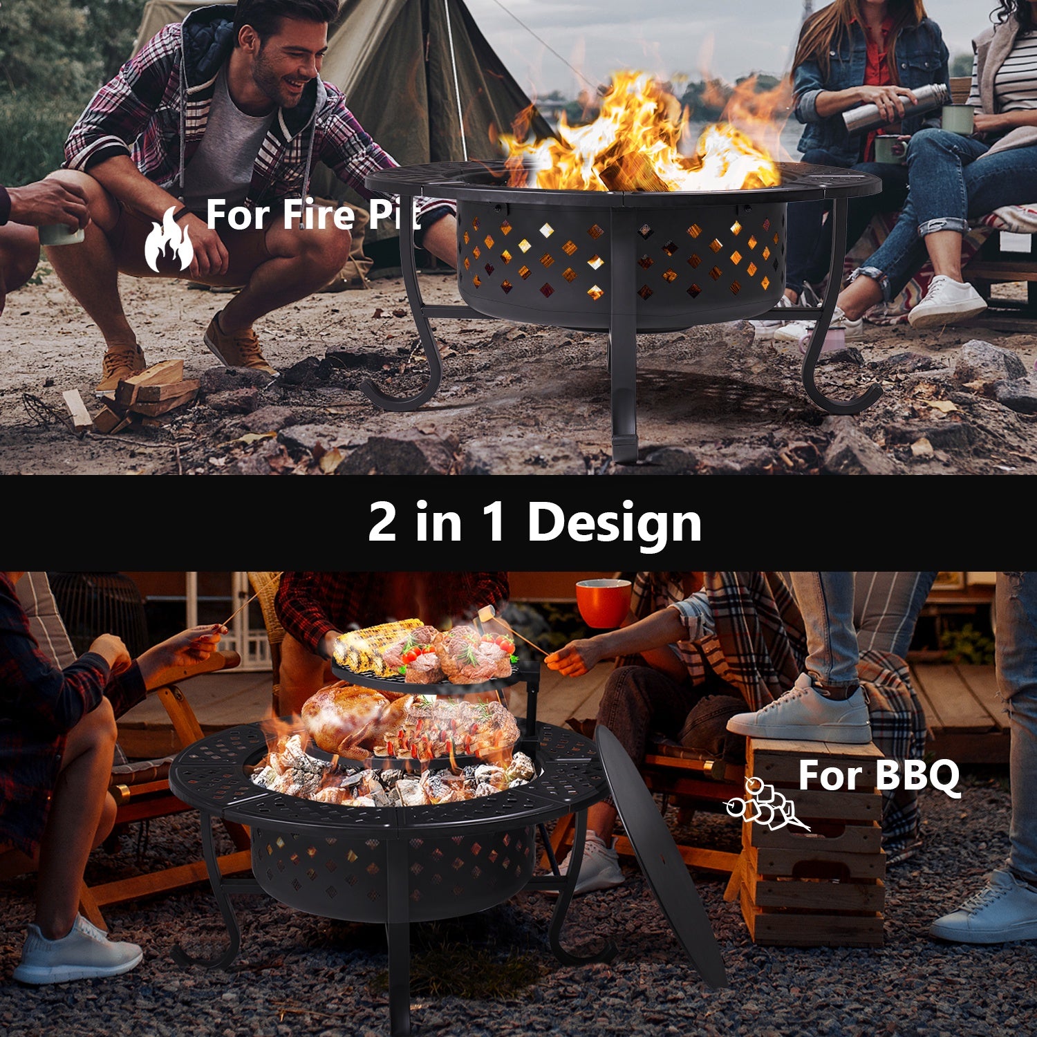 36"Metal Fire Pit with 2 Removable Cooking Swivel BBQ, Poker for Backyard, Garden