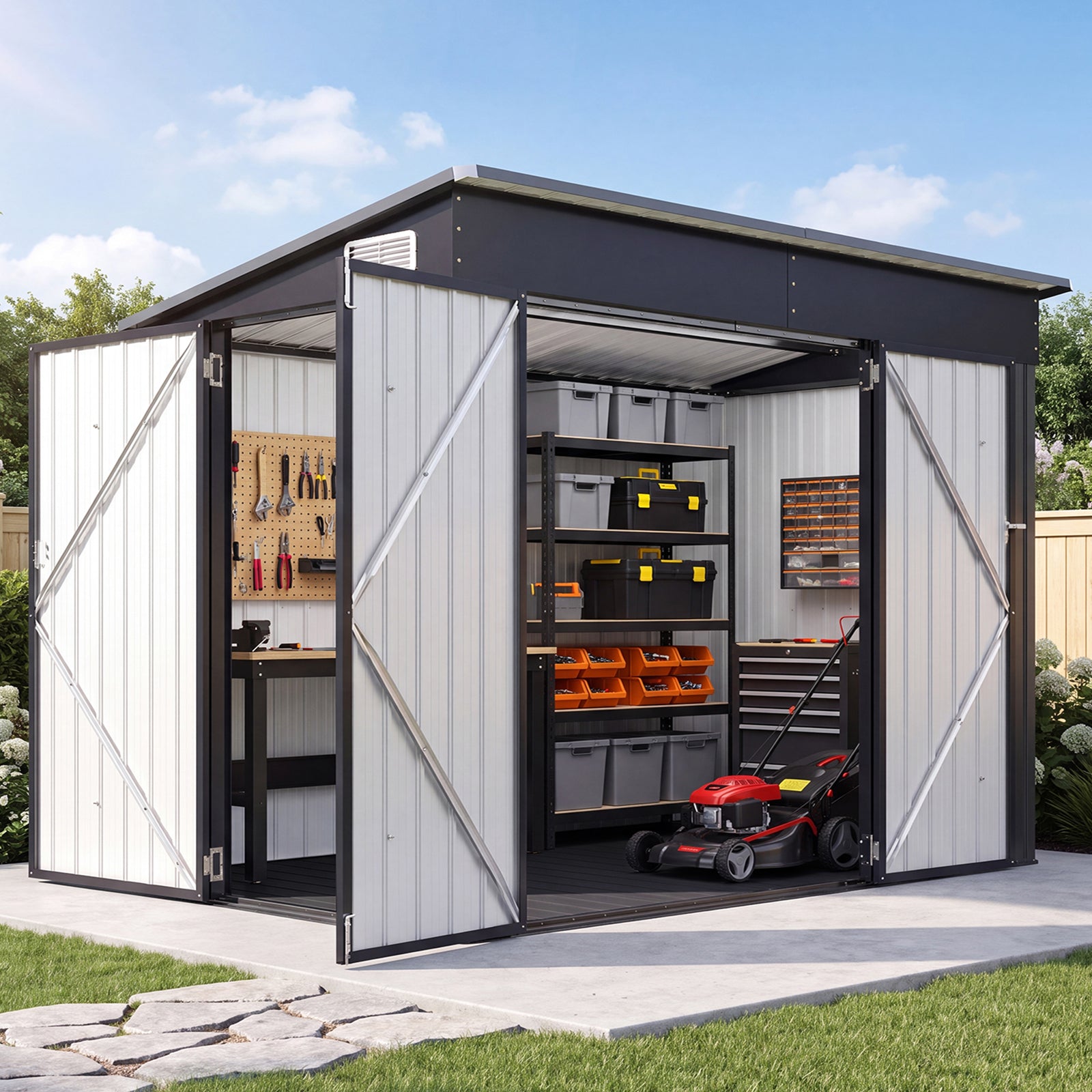 Aoxun 7.5'x4' Outdoor Storage Shed with 3 Lockable Doors & 14mm PP Floor | 7.5x4 FT Metal Garden Shed with Floor, Outdoor Storage Cabinet with Sloping Roof for Backyard, Black