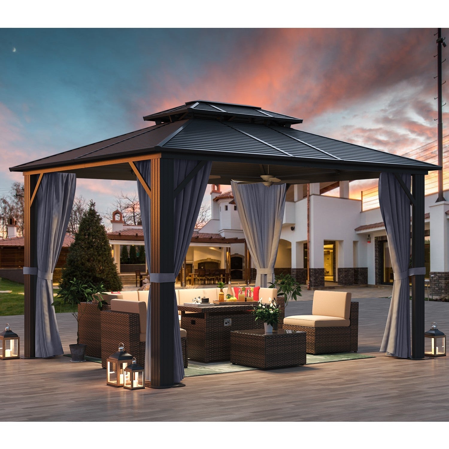 Aoxun 10' x 12' Hardtop Aluminum Gazebo, Double Roof, Grey
