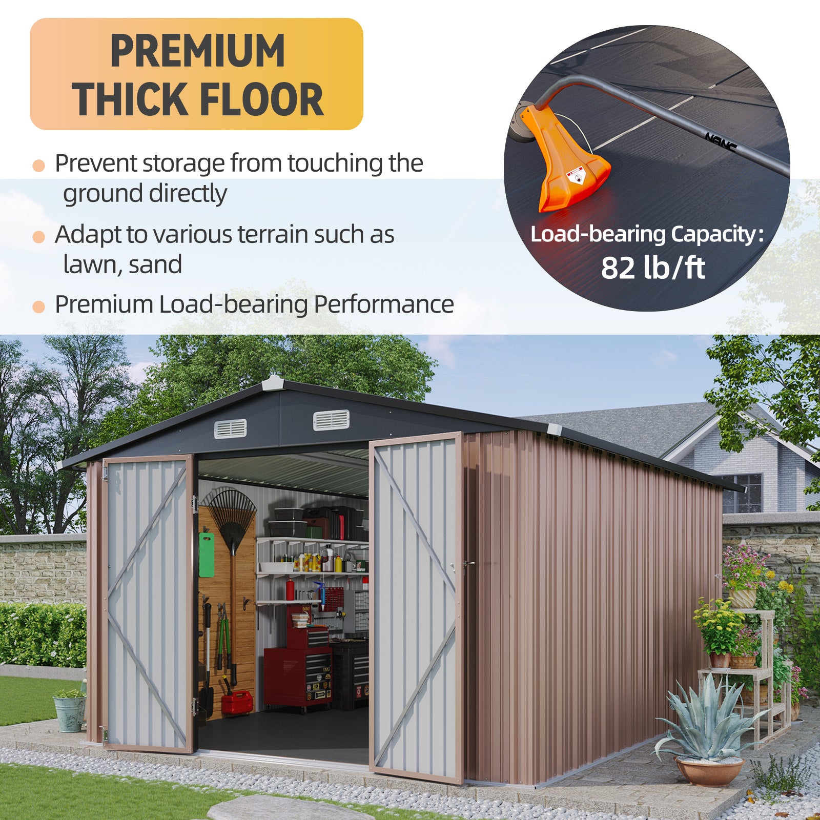 Aoxun 10x12FT Shed with Floor Galvanized Steel Outdoor Storage Shed (Brown) Metal Garden Shed with Double Doors, Moisture-Proof Floor & Ventilation, Sloped Roof for Garden, Patio, Backyard