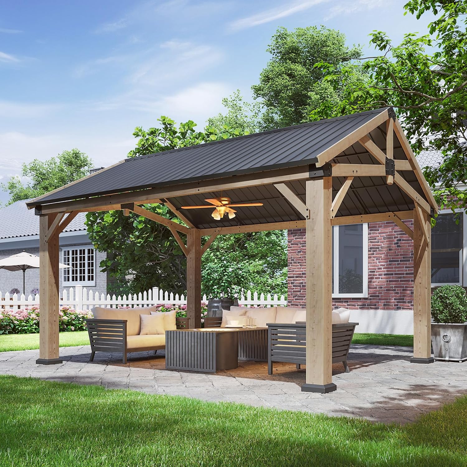 Aoxun Cedar Wood Pavilion Gazebo with Gable Roof