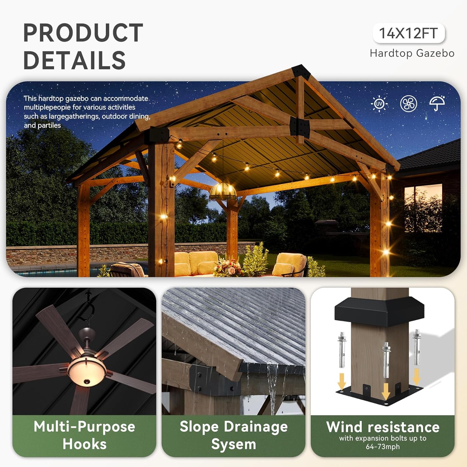 Aoxun Cedar Wood Pavilion Gazebo with Gable Roof