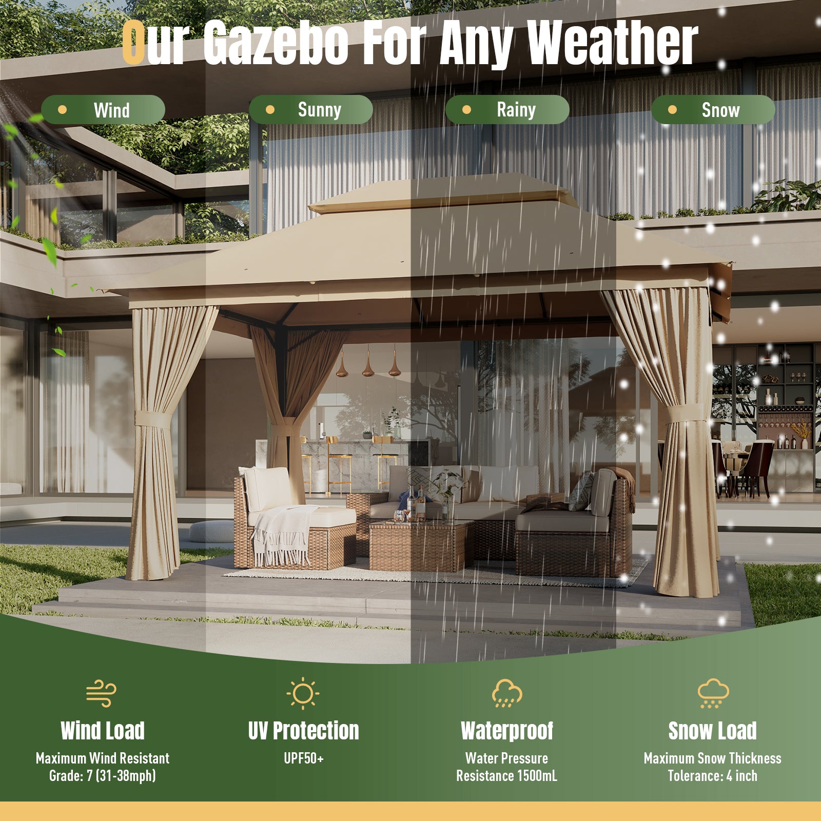 10'x13'Outdoor Gazebo,Double Roofs Metal Frame Canopy With Privacy Curtains For Backyard,Lawn,Garden,Beige