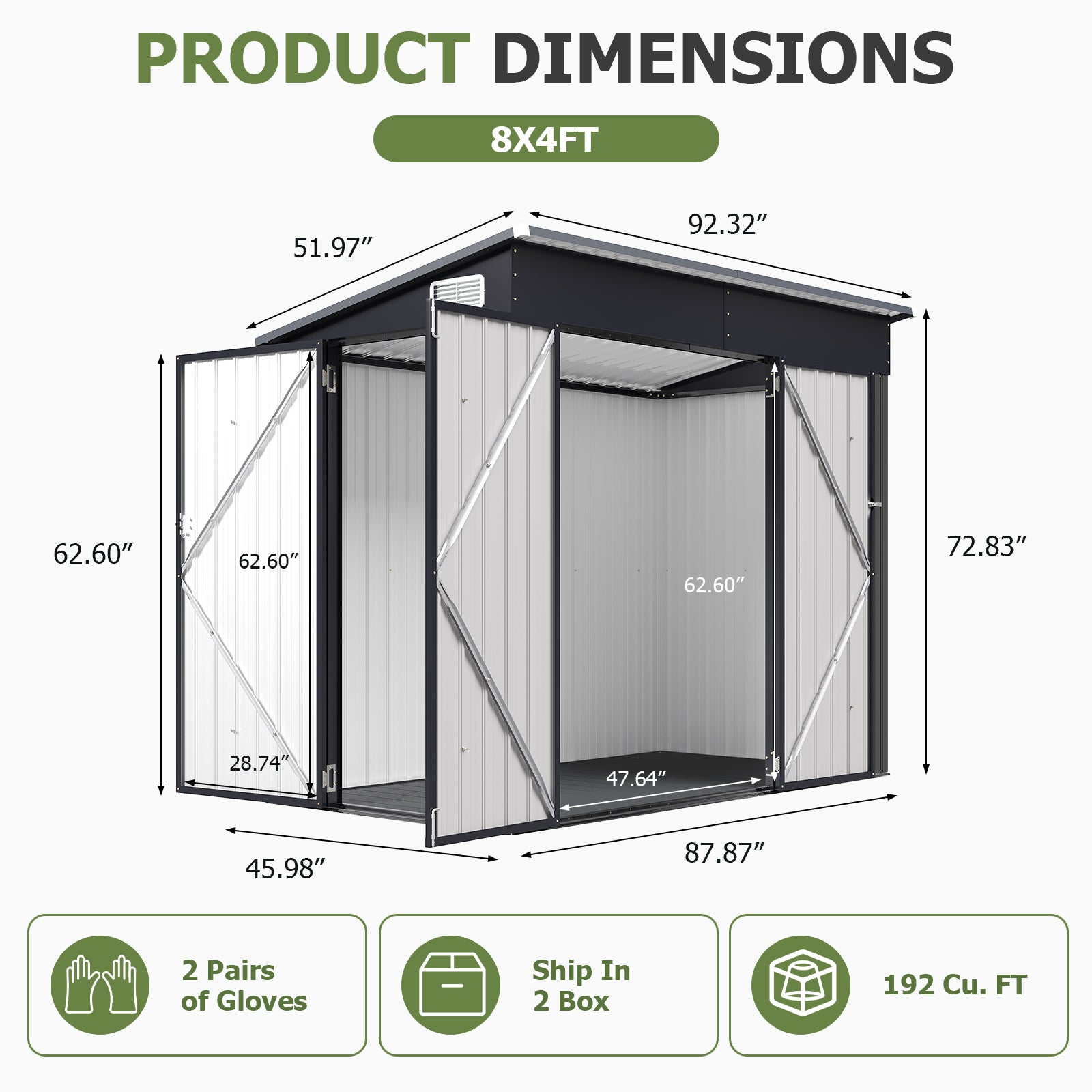 Aoxun 7.5'x4' Outdoor Storage Shed with 3 Lockable Doors & 14mm PP Floor | 7.5x4 FT Metal Garden Shed with Floor, Outdoor Storage Cabinet with Sloping Roof for Backyard, Black