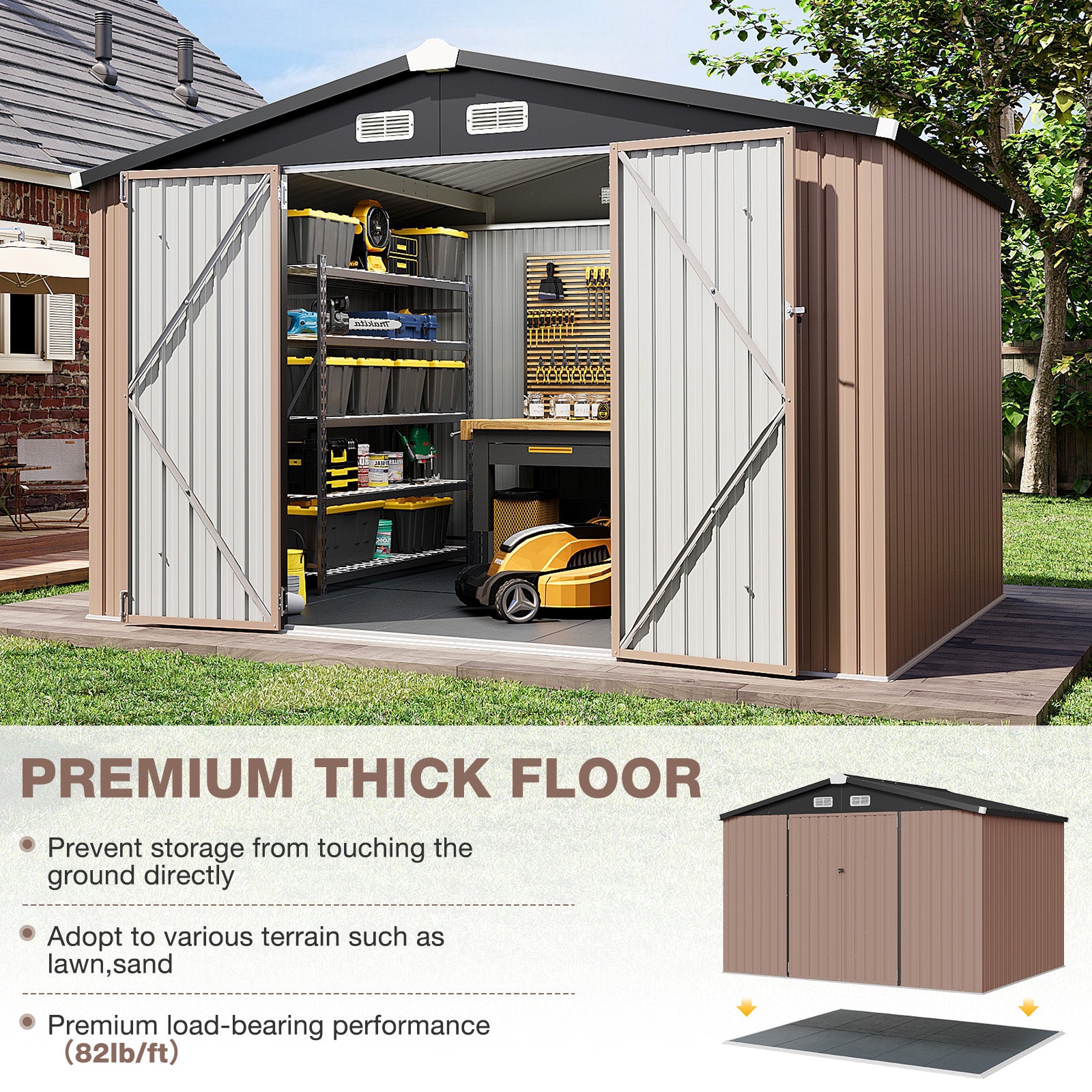 Aoxun Outdoor Storage Shed with Floor - 10x8 FT Metal Shed with Lockable Doors & Air Vents, Waterproof Outside Storage Shed for Tool, Garbage Can, Bike, Mower, for Backyard Garden Patio, Brown
