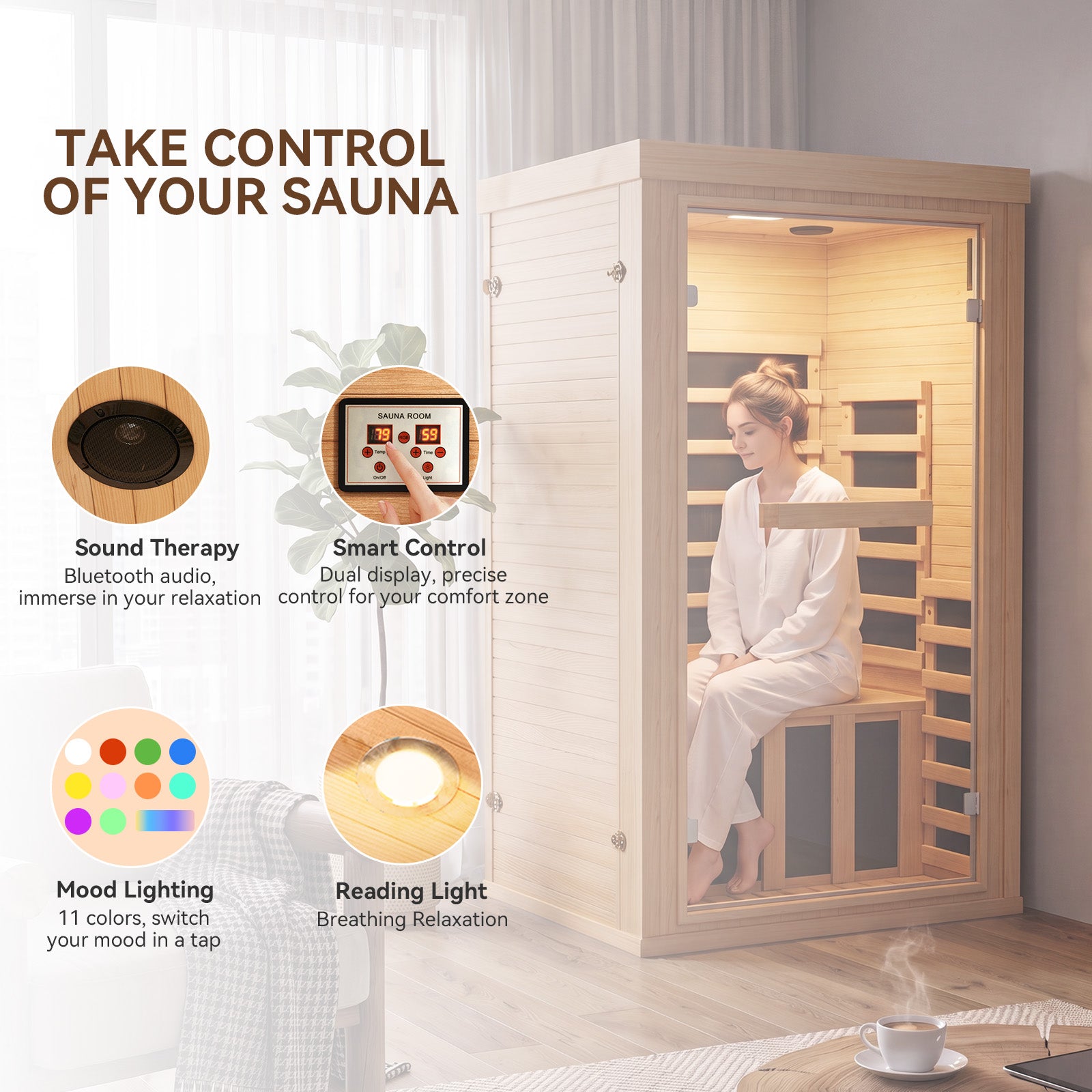Aoxun Infrared Sauna Home Sauna, Indoor Sauna, Low EMF Far Infrared, 1-2 Person, Chromotherapy Light, Canadian Hemlock Wood, Blutooth Speakers