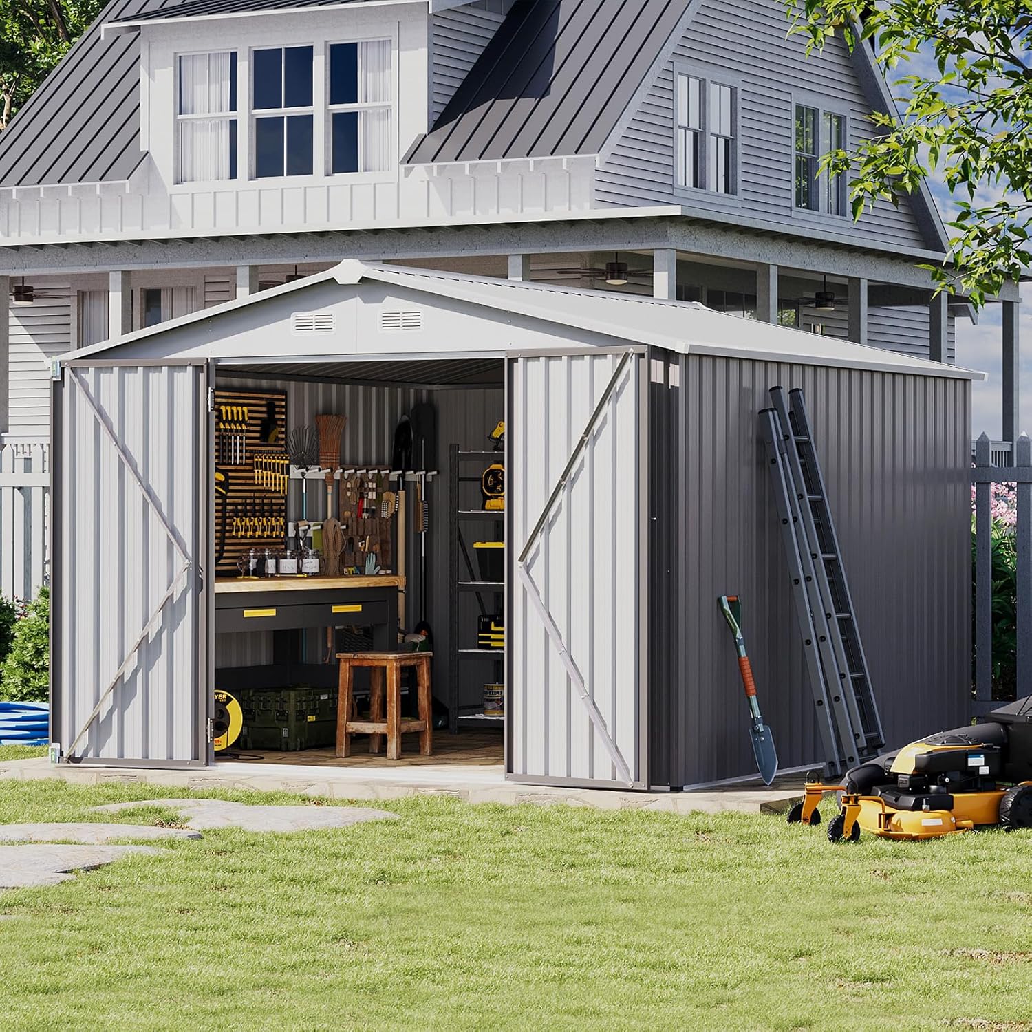 Utility Metal Shed, Steel Tool Shed with Air Vent and Lockable Door