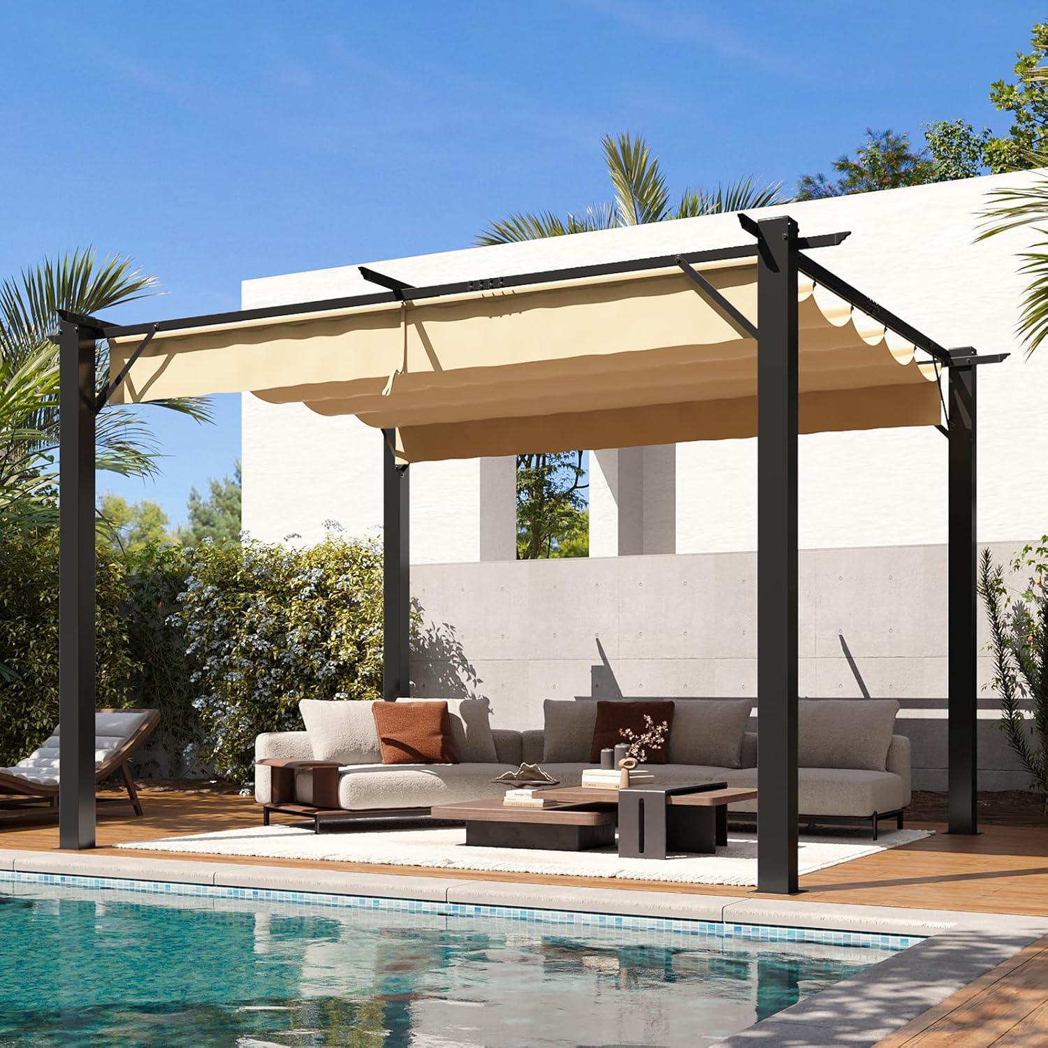 Aoxun 10'x12' Outdoor Pergola, Upgraded Canopy with Adjustable Roof, Metal Patio Pergola with Brown Sun Shade Cover for Backyard, Garden and Deck