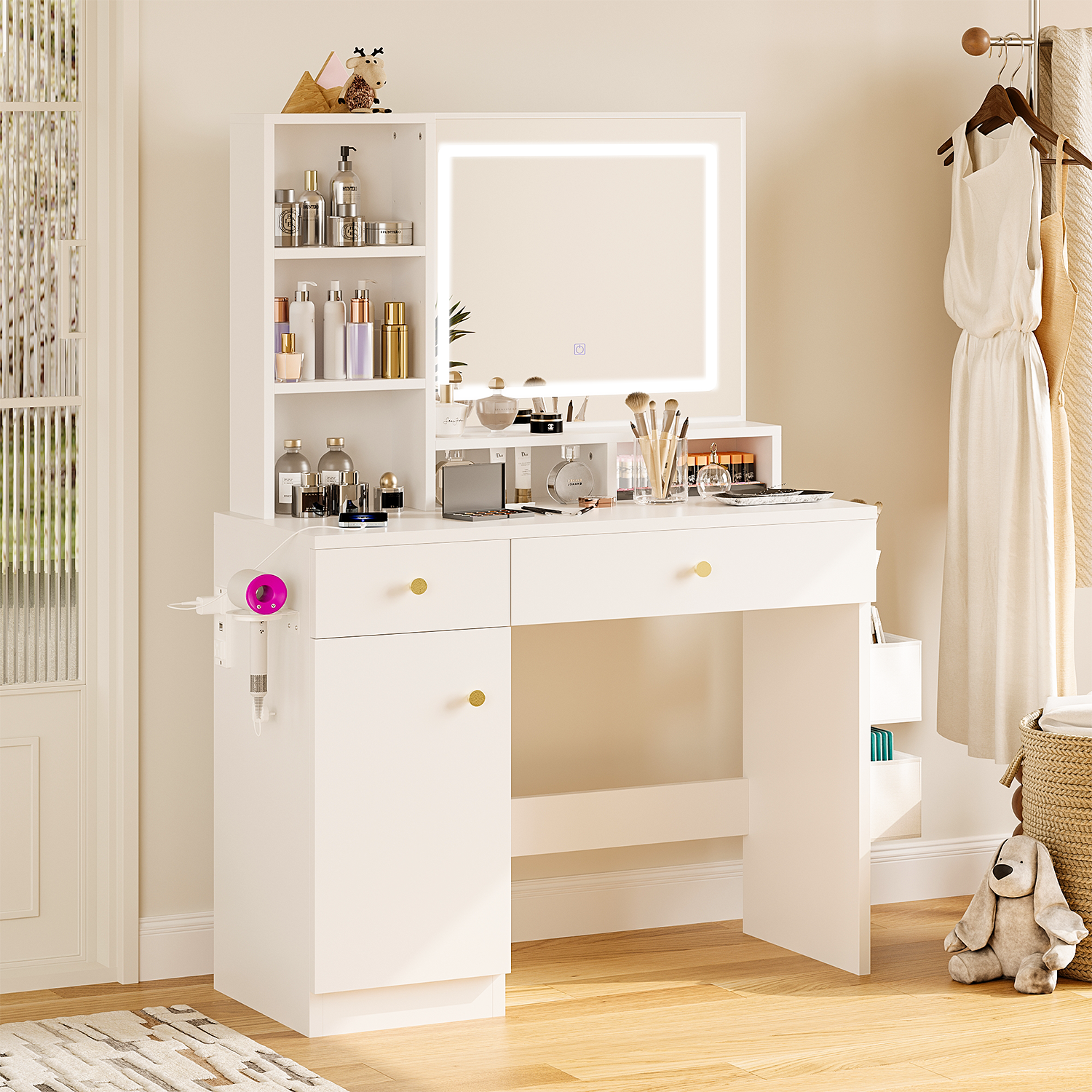 Makeup Vanity Desk with Mirror, Vanity Desk with 1 Cabinet, 2 Drawers & Storage Shelves,Makeup Table with 3 mode LED Mirror and power Outlet for Bedroom