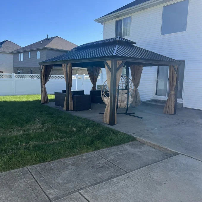 Wood Grain Hardtop Gazebo with Rain Gutter