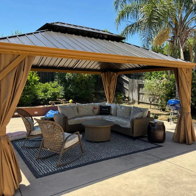 Wood Grain Hardtop Gazebo with Rain Gutter