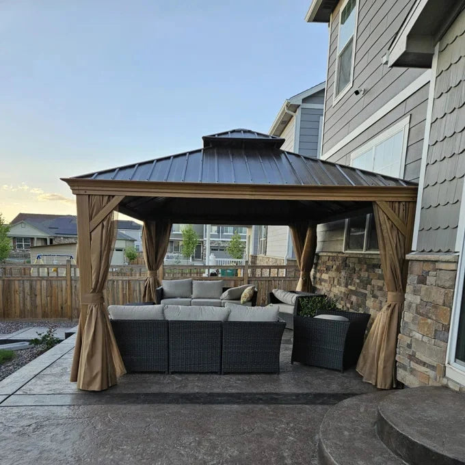 Wood Grain Hardtop Gazebo with Rain Gutter