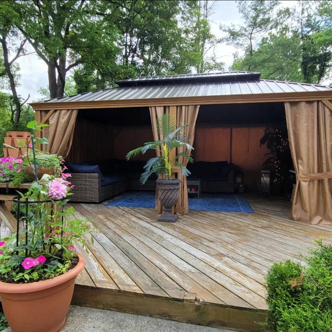 Wood Grain Hardtop Gazebo with Rain Gutter