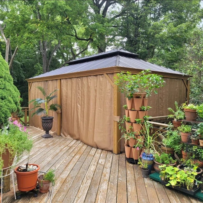 Wood Grain Hardtop Gazebo with Rain Gutter