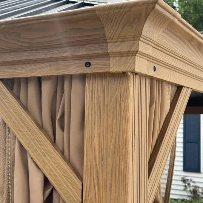 Wood Grain Hardtop Gazebo with Rain Gutter