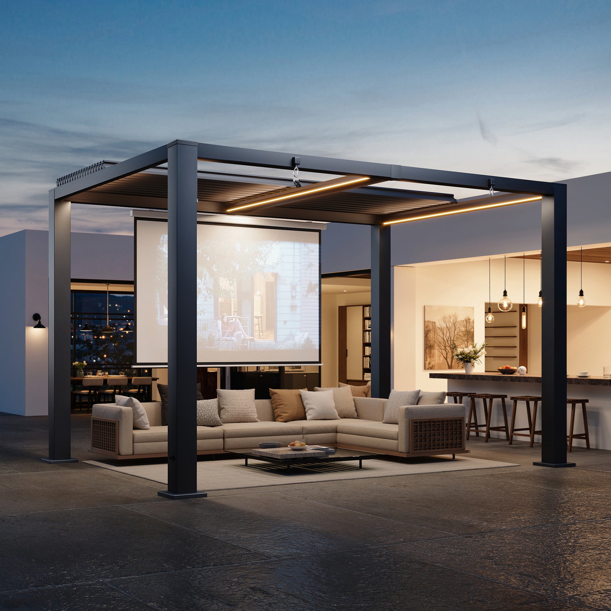 Aoxun Motorized Louvered Pergola 9' x 12' | Electric Retractable Outdoor Pergola with 2 Independent Adjustable Roofs, Built-in LED Lights, Rust-Resistant Frame for Patio