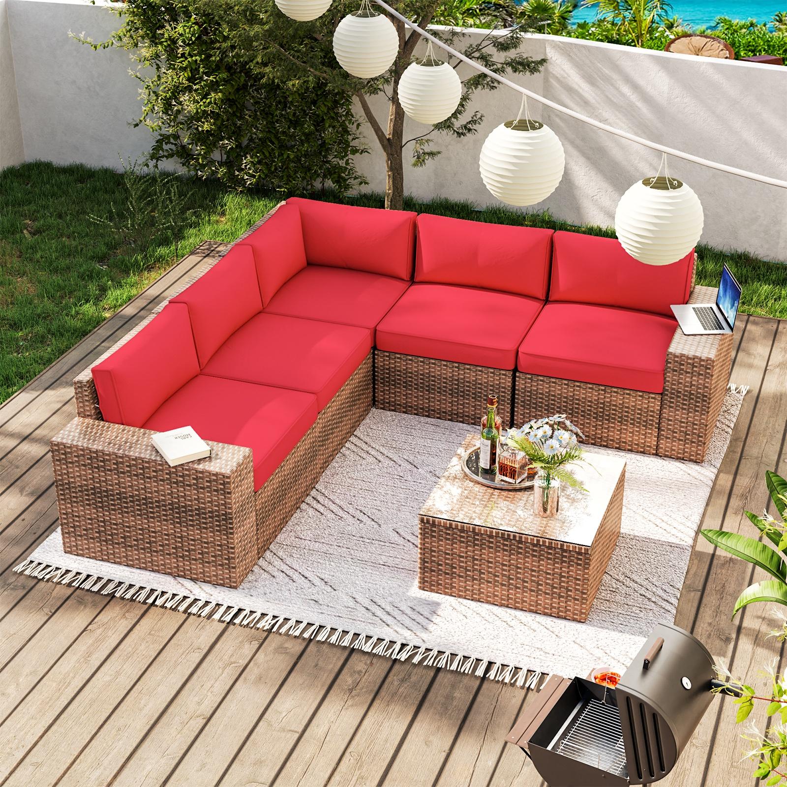 6 Pieces Patio Furniture Sets, Outdoor Sectional Rattan Sofa Set, Patio Furniture Set with Coffee Table, Red