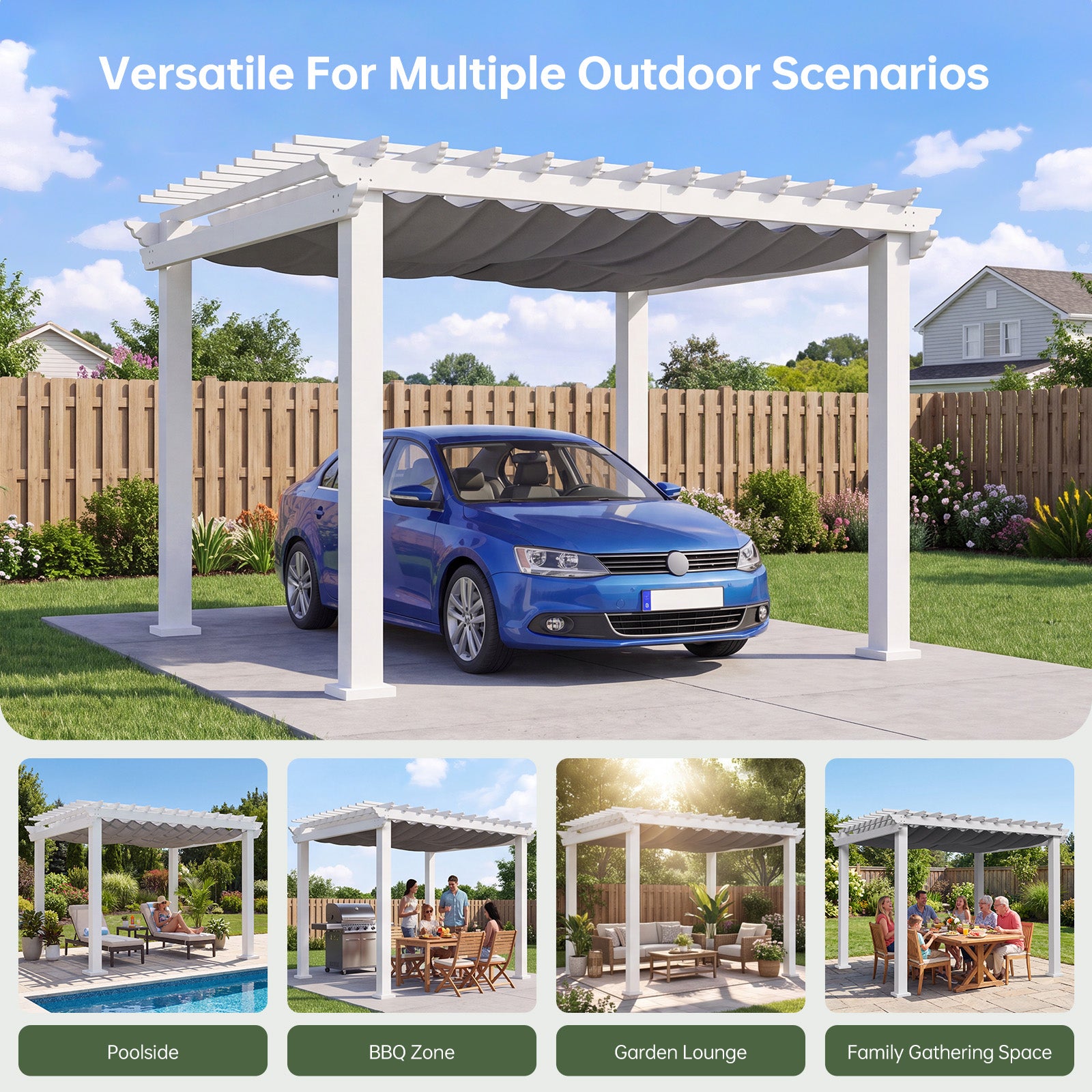 Aoxun 12' x 10' Outdoor Pergola with Trellis Roof & Adjustable Canopy，Aluminum Frame, All-Season Durability, High-Wind Rating, Shade for Patio, Deck, Garden, White