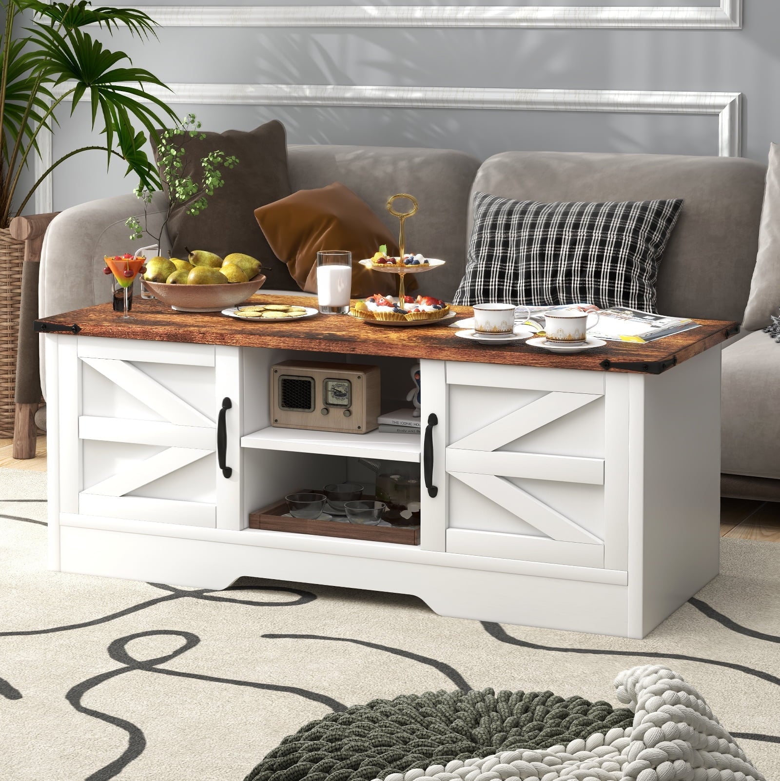 Coffee Table, Farmhouse & Industrial Center Table with Storage, Rustic Style Wooden Living Room Table, White