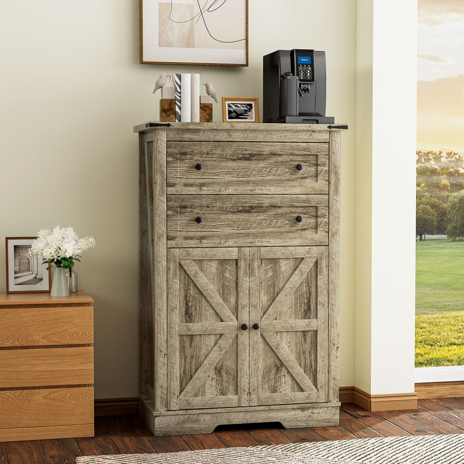 Farmhouse Sideboard Buffet Cabinet, Wooden Accent Cabinet Kitchen Cabinet with Drawers and Adjustable Shelf, Gray