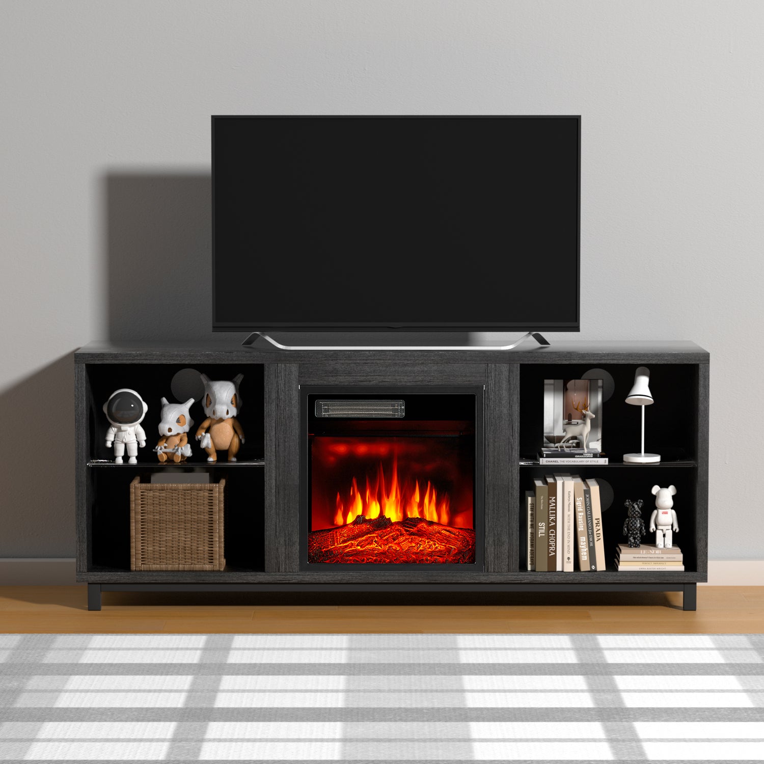 Sunmthink 58" Electric Fireplace TV Stand with Adjustable Glass Shelves, for TVs up to 65", Black