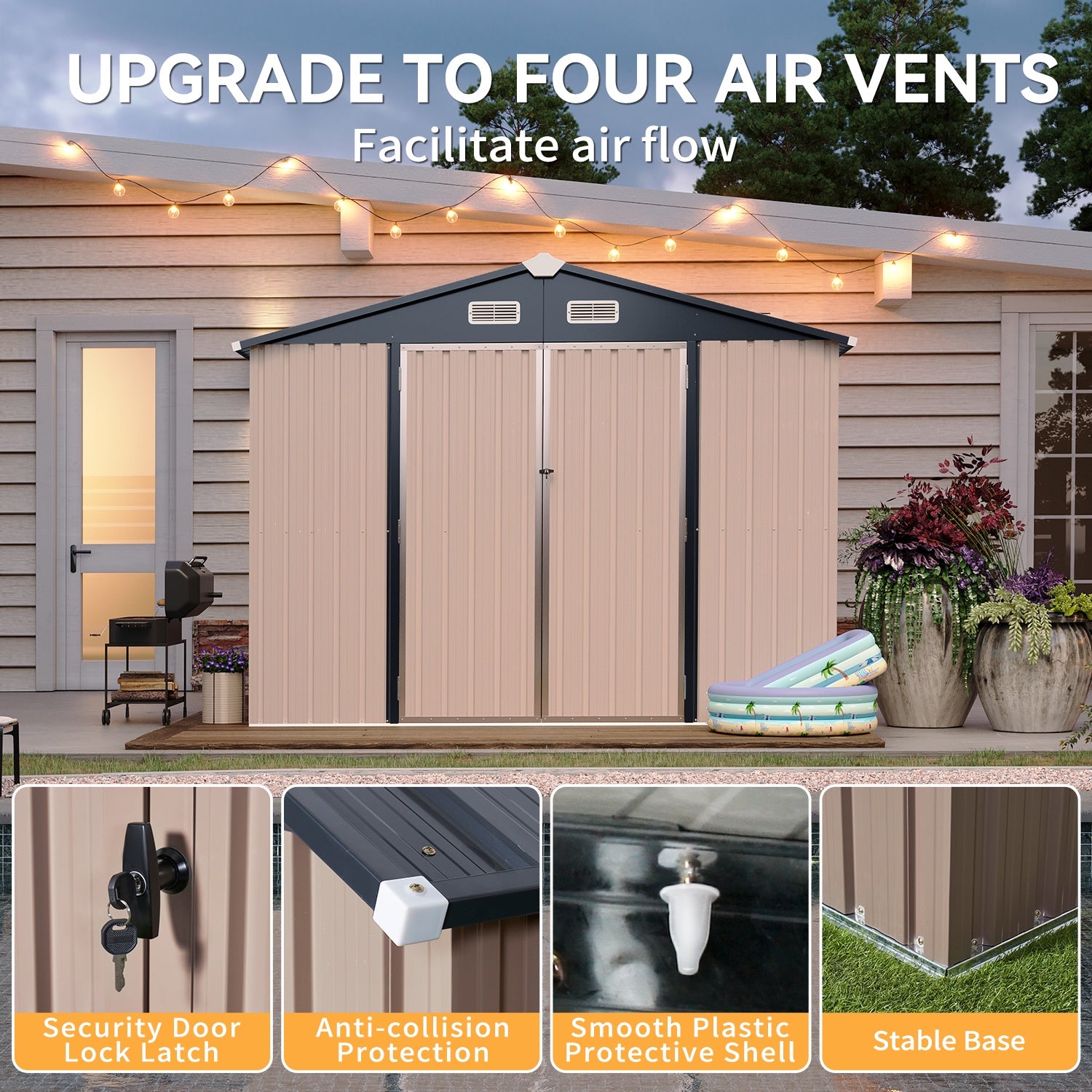 6X8FT Outdoor Storage Shed with Plastic Floor, Metal Tool Shed with Lockable Door and Vents, Patio Shed for Garden, Backyard, Poolside, Brown