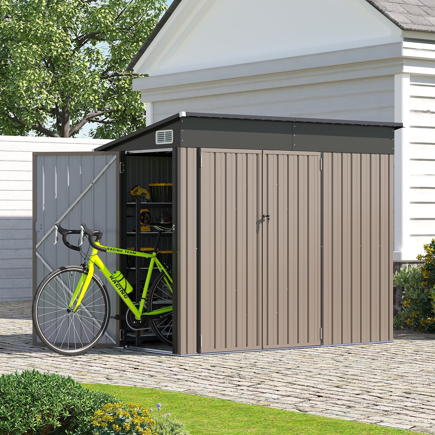 8' x 6' Metal Storage Shed with Triple Doors, Lockable Lean-to Design & Vents, Brown
