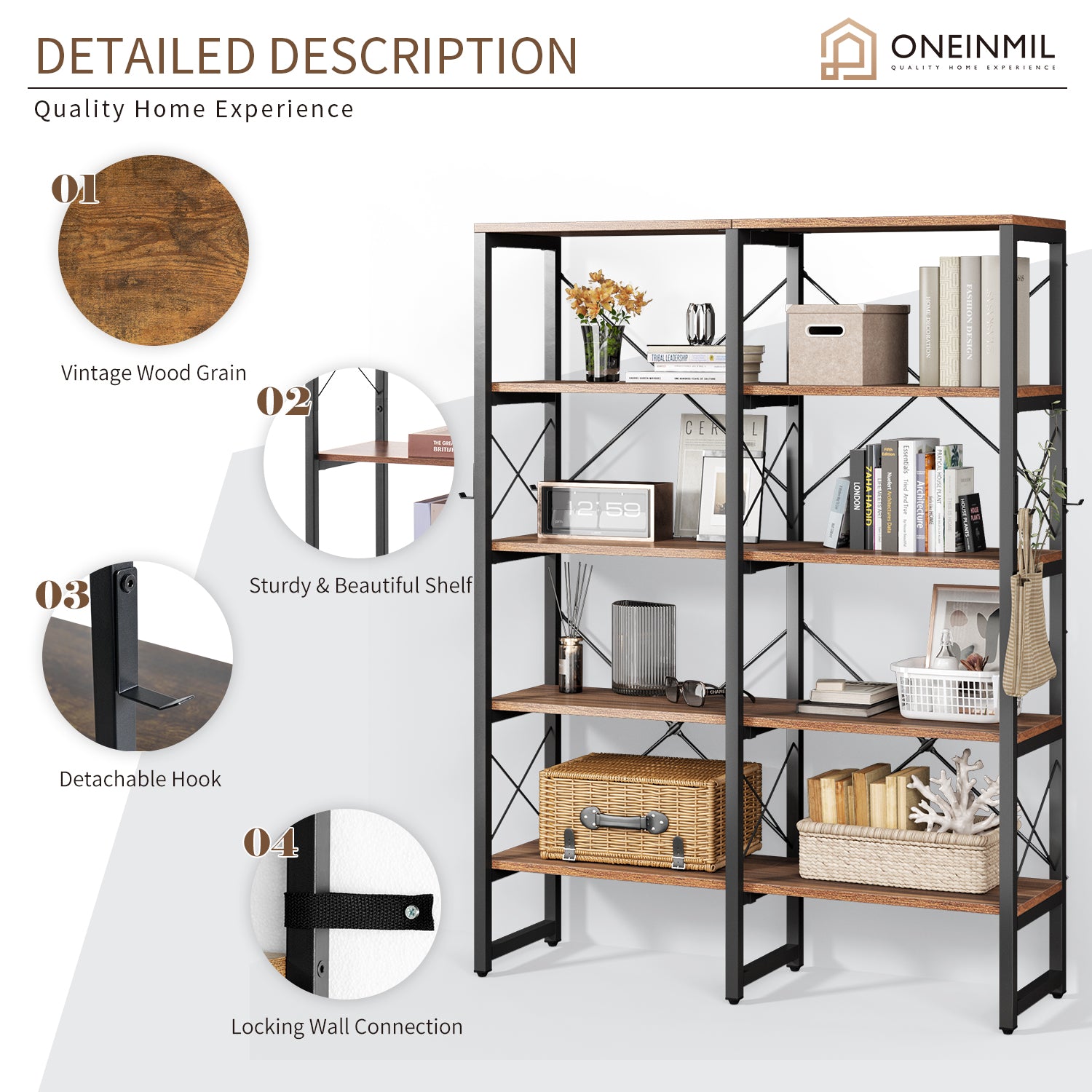 5-Tier Double Wide Bookcase with X-shape Metal Bars and Detachable Boards, Brown