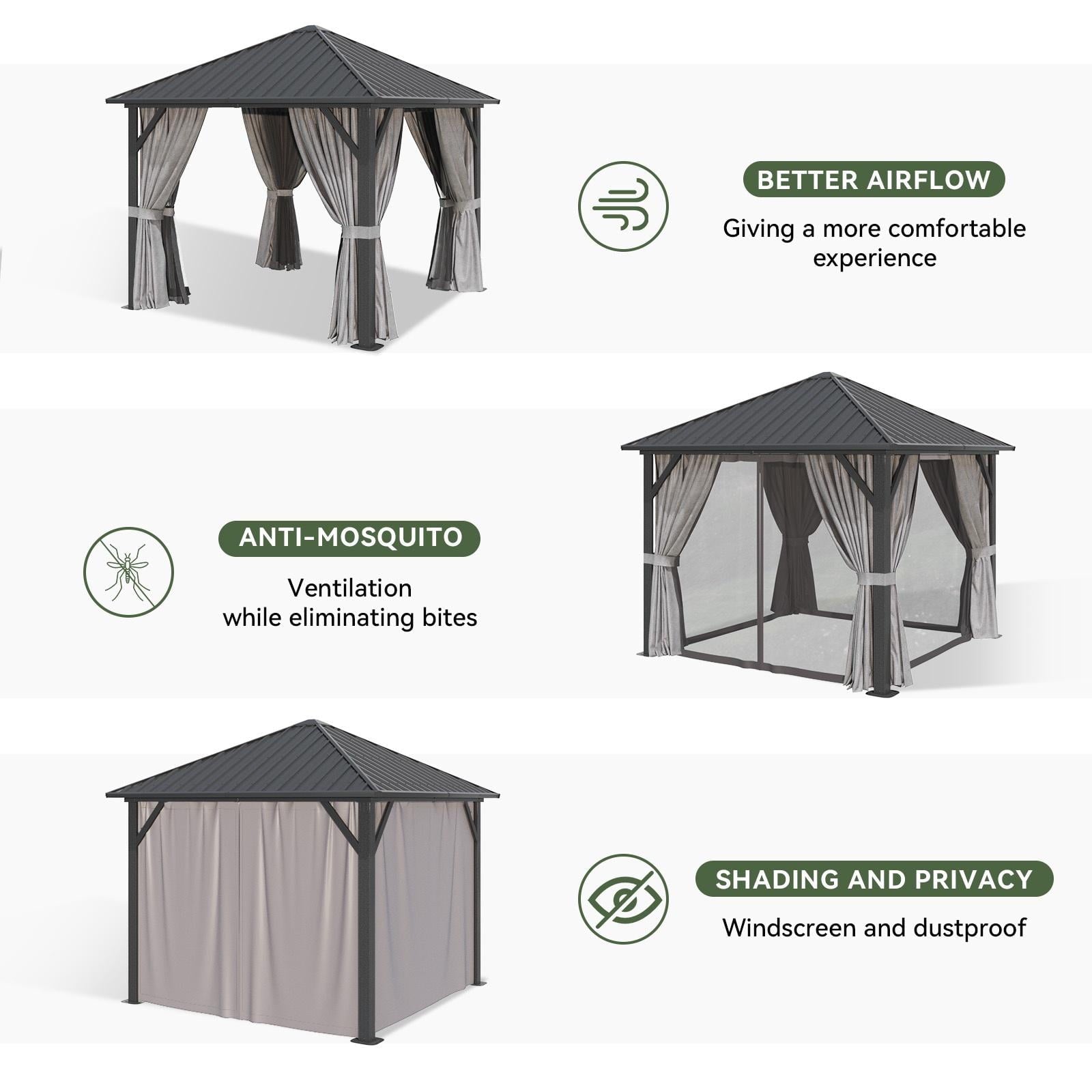 10 ft. x 10 ft. Patio Hardtop Gazebo, Outdoor Aluminum Frame Canopy with Netting and Curtain for Garden, Patio, Lawns, Gray