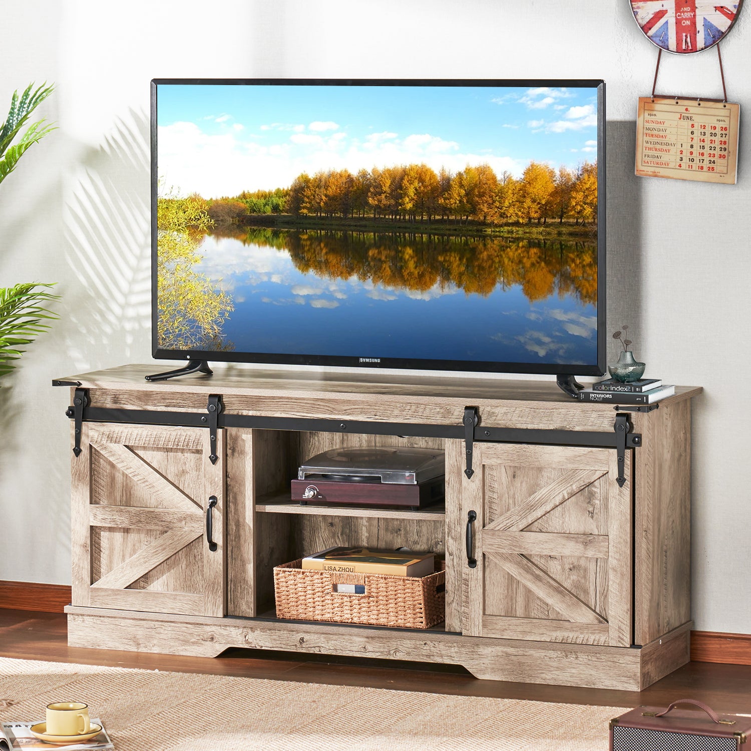 Sonegra 58" Farmhouse TV Stand for TVs up to 65", Sliding Track Doors and Thickened Base,Grey