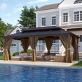 Clouddwell 12'x20' Hardtop Gazebo - Polycarbonate Double Roof with Netting & Curtains for Patio, Garden Sun Protection,Browm