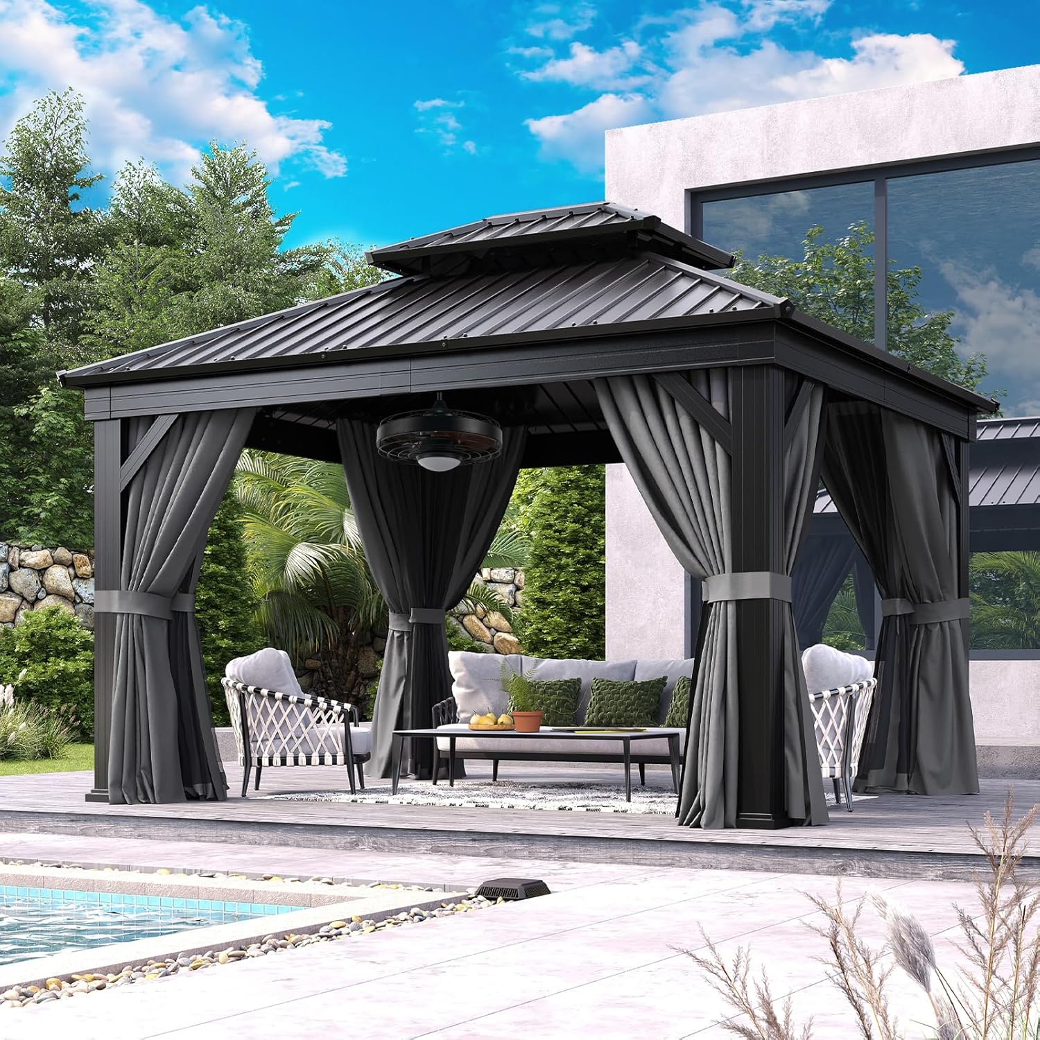 Aoxun 12' X 20' Hardtop Gazebo, Aluminum Outdoor Gazebo with Galvanized Steel Double Roof Canopy, Permanent Metal Pavilion with Privacy Curtain and Netting, for Poolside, Backyard, Square Foundation