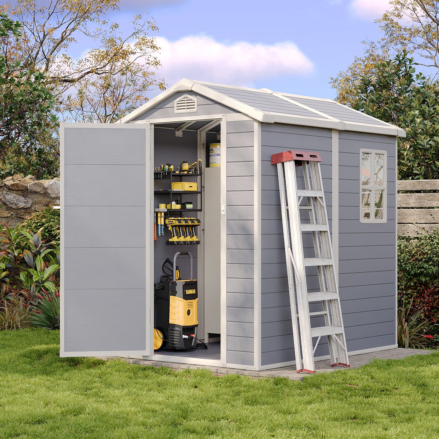 Aoxun 6x4 FT Outdoor Storage Shed, Plastic Garden Resin Shed with Floor and Window for Patio, Lawn, Outdoor Storage with Lockable Door for Bike, Garbage Can, Tools, Grey