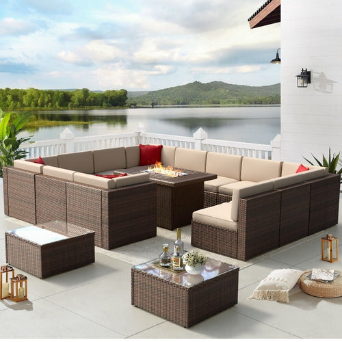 15 Pieces Wicker Patio Sectional Sofa Set with Fire Pit Table, Brown